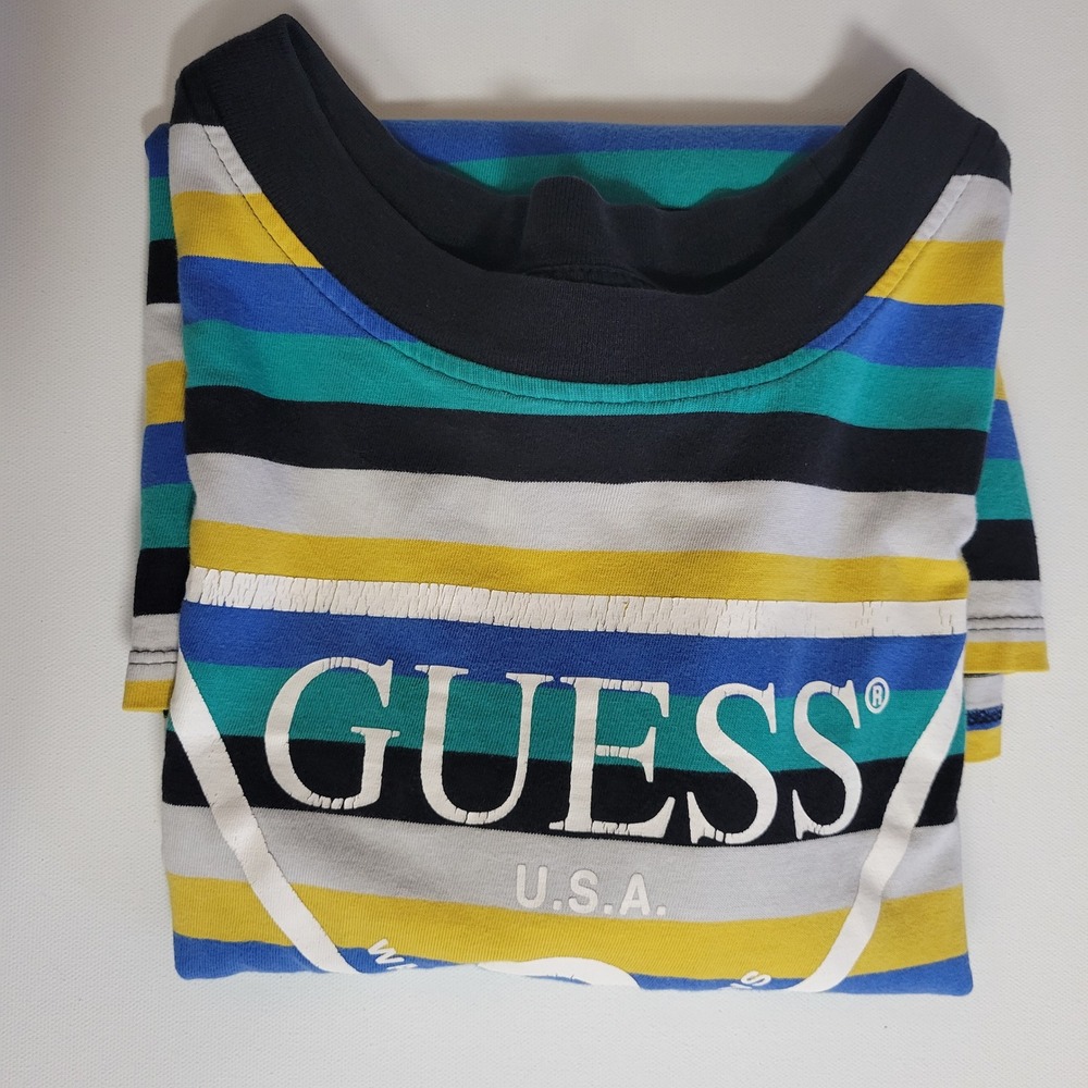 GUESS Originals Striped Logo Tshirt Mens Sz M Y2K Retro Streetwear Skater Casual - Picture 7 of 8